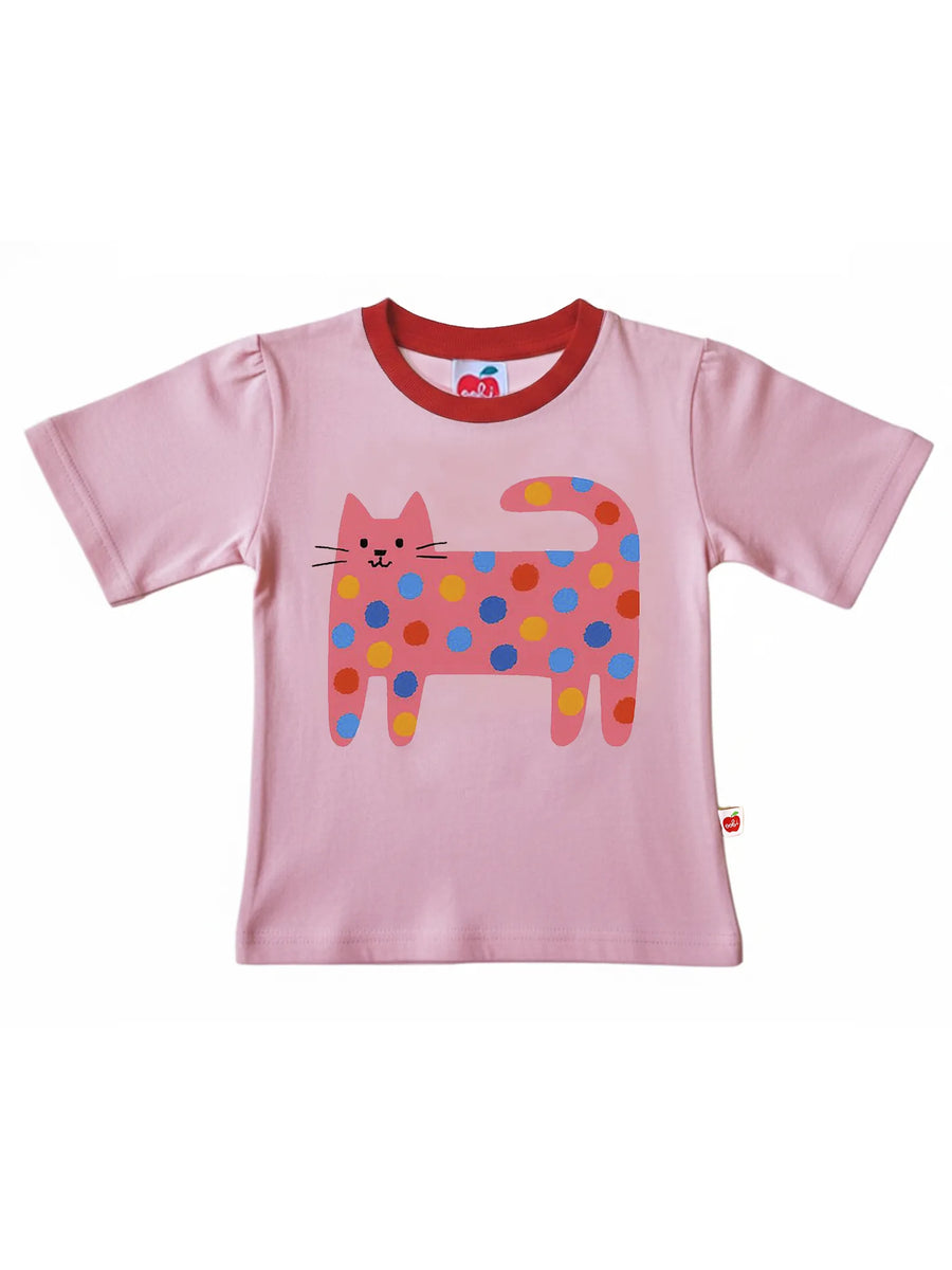 Quirky Cat Pink Tee with Red Binding