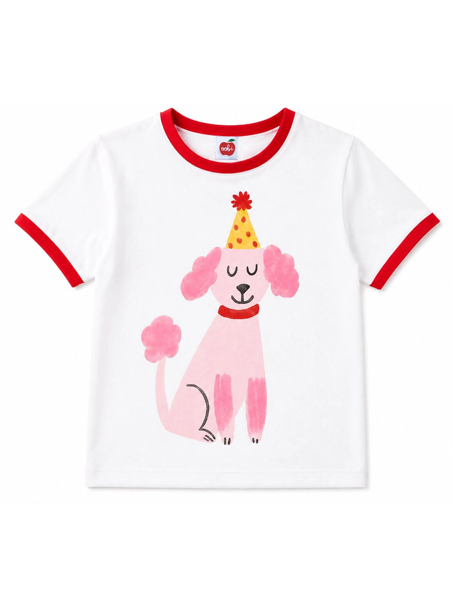White t-shirt with red ringer sleeves featuring a pink dog illustration and party hat on a white background.