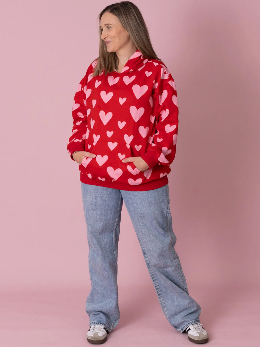 Women's Red Big Heart Fleece Hooded Sweatshirt